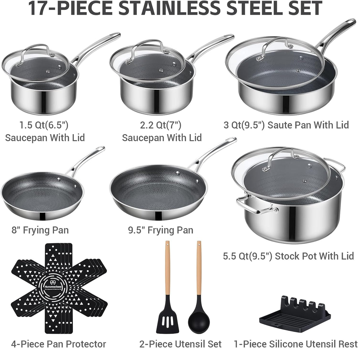 Ammeloo 17 Pcs Stainless Steel Cookware Set, Pots and Pans Set Non Stick