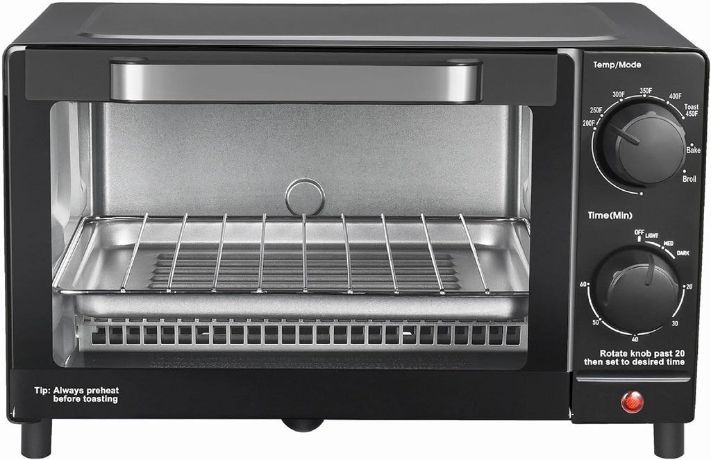4 Slice Countertop Toaster Oven With 3 Cooking Settings, Black, Includes Baking Rack And Pan, 1050 Watts Quartz Heating Elements