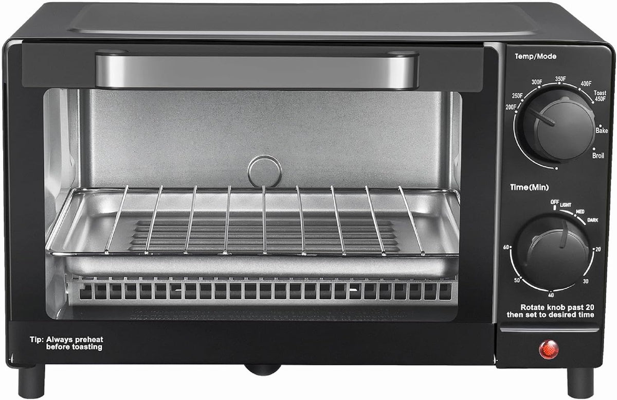 4 Slice Countertop Toaster Oven With 3 Cooking Settings, Black, Includes Baking Rack And Pan, 1050 Watts Quartz Heating Elements