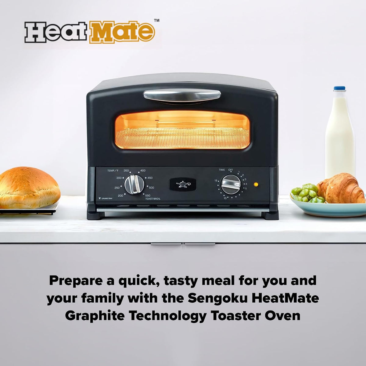 HeatMate Countertop Toaster Oven, Compact Kitchen Appliance with Graphite Heating Technology, Black