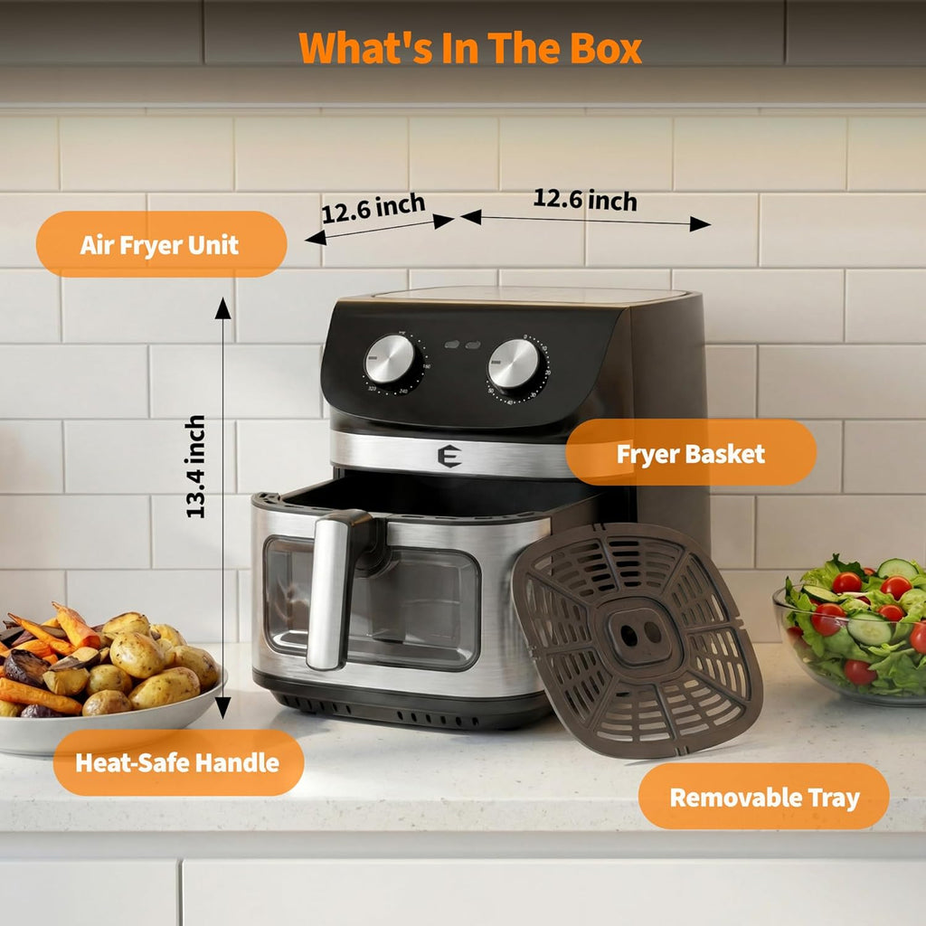 9.5Qt Large Air Fryer Oven, Airfryer Toaster Oven Combo, Non Toxic Stainless Steel Air Fryer with Window, XL Capacity Basket Style Airfryer for Family, Easy Dual Knob Control, Black