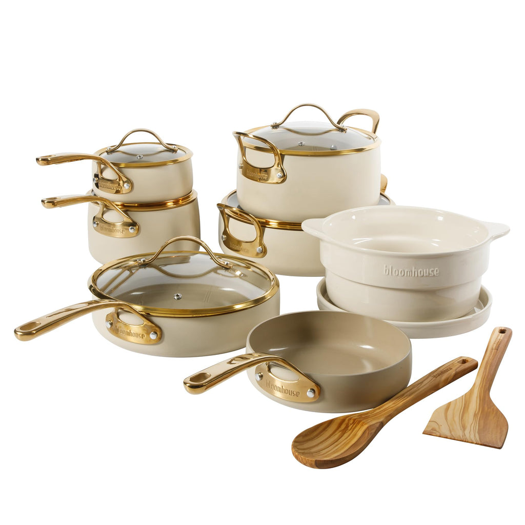 Bloomhouse 15-Piece Ceramic Nonstick Cookware Set, Two Time Oprah's Favorite Things, Heavy-Gauge Aluminum Pots and Pans Set, PFAS & PFOA & PTFE Free Ceramic Cookware, Oven Safe to 500°F, Almond Cream