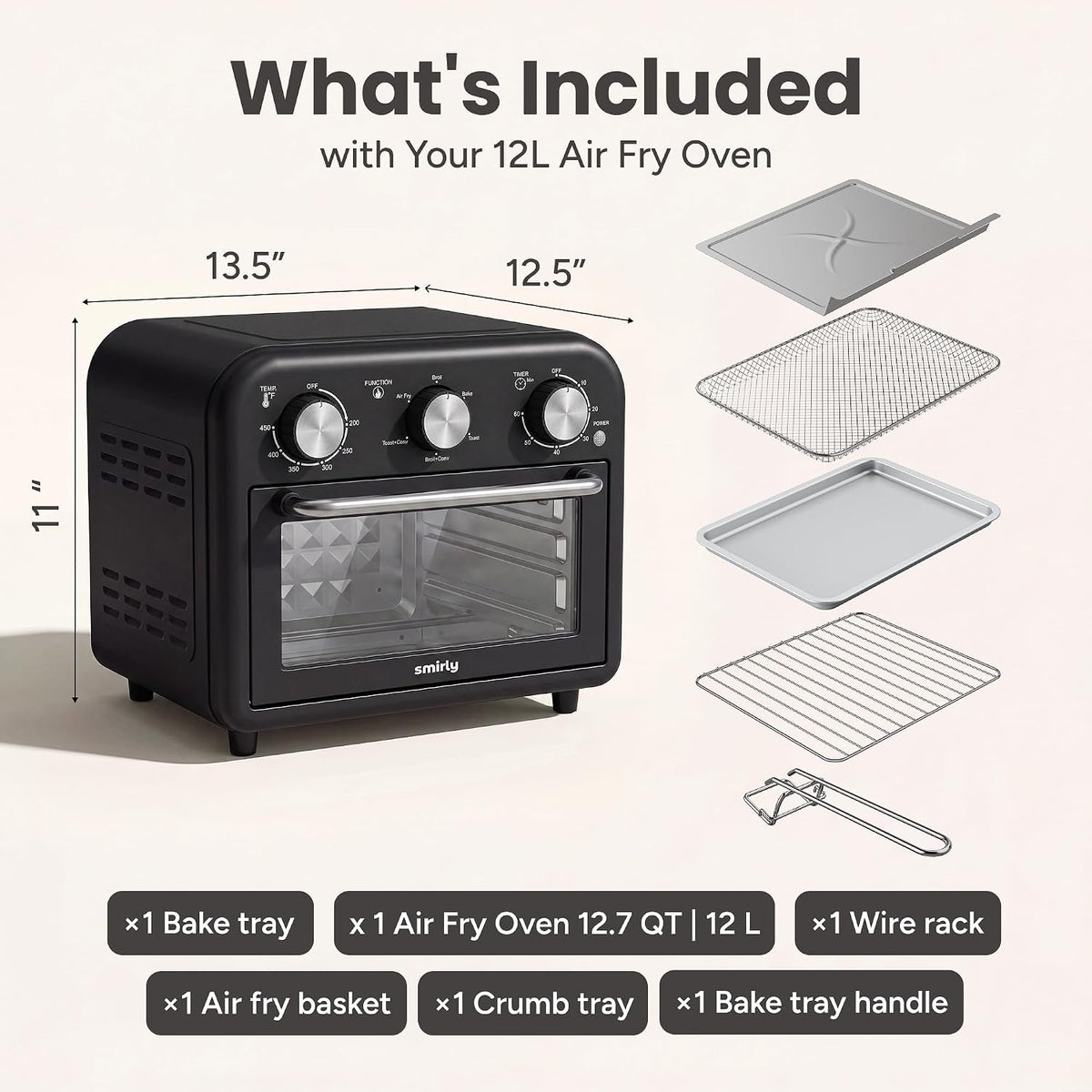 SMIRLY 6-in-1 Air Fryer Toaster Oven Combo, 13QT Small Toaster Oven Black