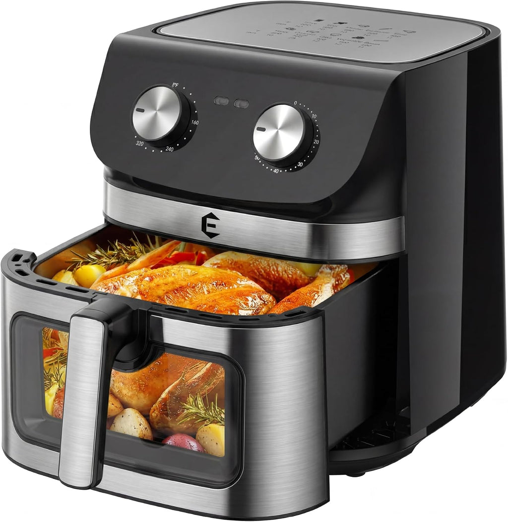 9.5Qt Large Air Fryer Oven, Airfryer Toaster Oven Combo, Non Toxic Stainless Steel Air Fryer with Window, XL Capacity Basket Style Airfryer for Family, Easy Dual Knob Control, Black