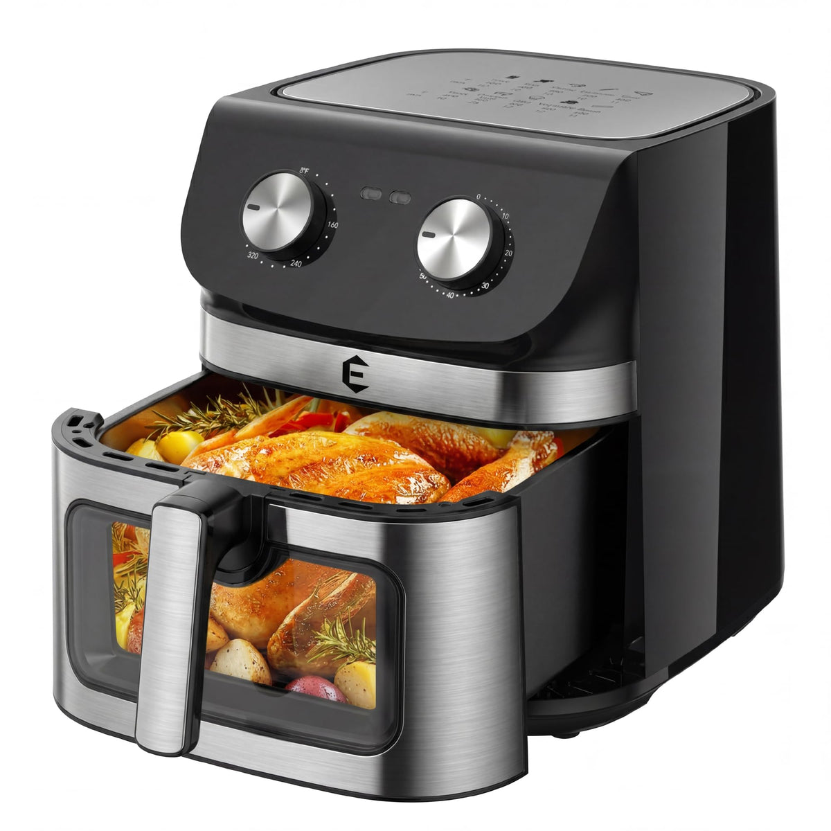 9.5Qt Large Air Fryer Oven, Airfryer Toaster Oven Combo, Non Toxic Stainless Steel Air Fryer with Window, XL Capacity Basket Style Airfryer for Family, Easy Dual Knob Control, Black