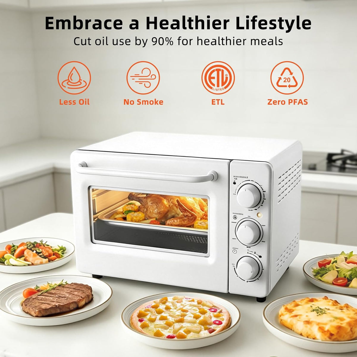 Novaspark Air Fryer Toaster Oven Combo, Retro Convection Oven Countertop,19QT Small Toaster Oven, 4-slices or 9" Pizza,Bake,Toast,Broil, Air Fry, Rapid Heating Mini Conventional Oven, Non-Stick, White