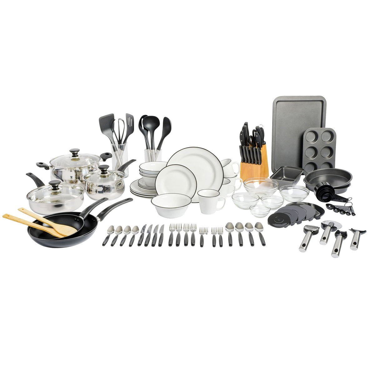 Gibson Home 74 Piece Kitchen in a Box Pots and Pans Cookware, Plates and Bowls Dinnerware, Cutlery Knife Block, Flatware Utensils, Tools & Gadgets, Storage, Glasses Set