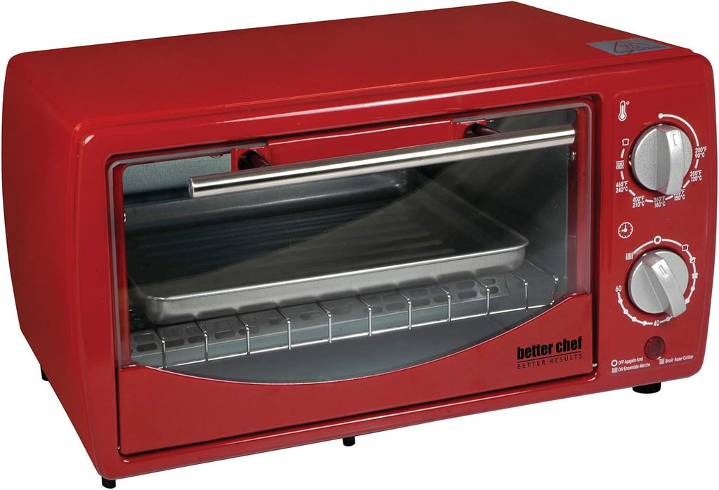 Better Chef Basic Toaster Oven | 4-Slice | 60-Minute Timer | Slide Out Rack | Bake Tray | Broil (Red)