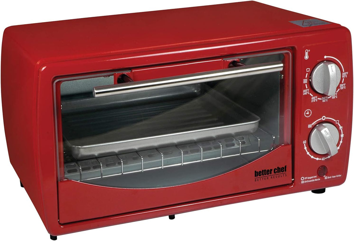 Better Chef Basic Toaster Oven | 4-Slice | 60-Minute Timer | Slide Out Rack | Bake Tray | Broil (Red)