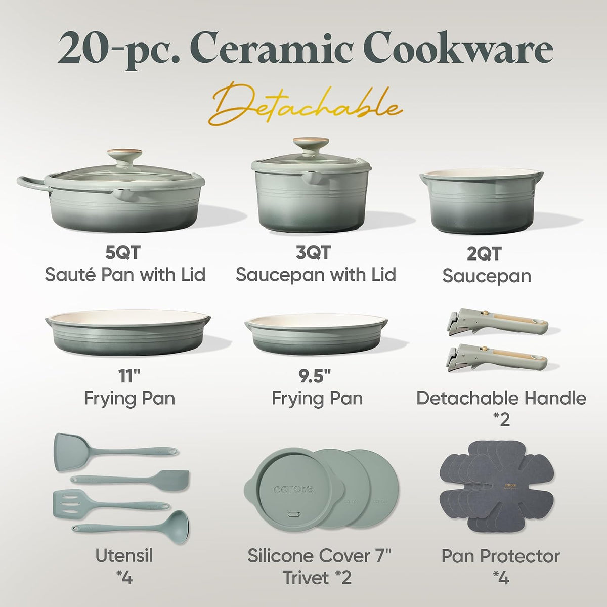 CAROTE 20pcs Titanium Cookware Set, Pots and Pans Set Detachable Handle