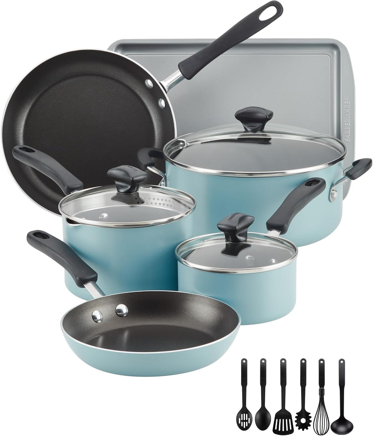 Farberware Cookstart Aluminum DiamondMax Nonstick Cookware Set, Kitchen Essentials, 15-Piece, Aqua