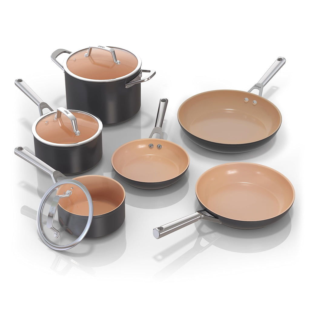 Ninja Ceramic Pro 11Piece Cookware Set, NonStick Pots & Pans Set with Glass Lids, Nontoxic, PTFE Free, Ceramic Coated, Oven Safe, All Stovetops & Induction Compatible, British Racing Green, CW39011GN