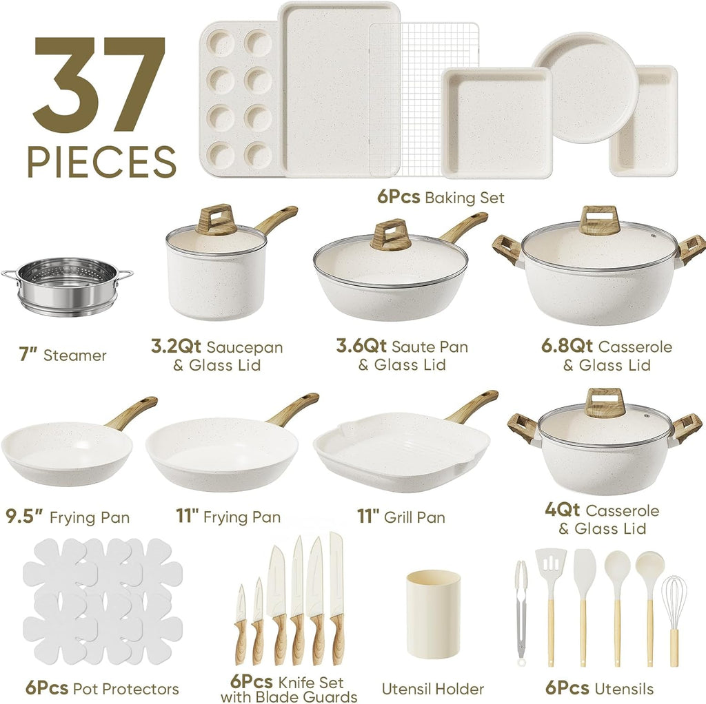 37Pcs Pots and Pans Set Non Stick,Ceramic Cookware Set with Bakeware