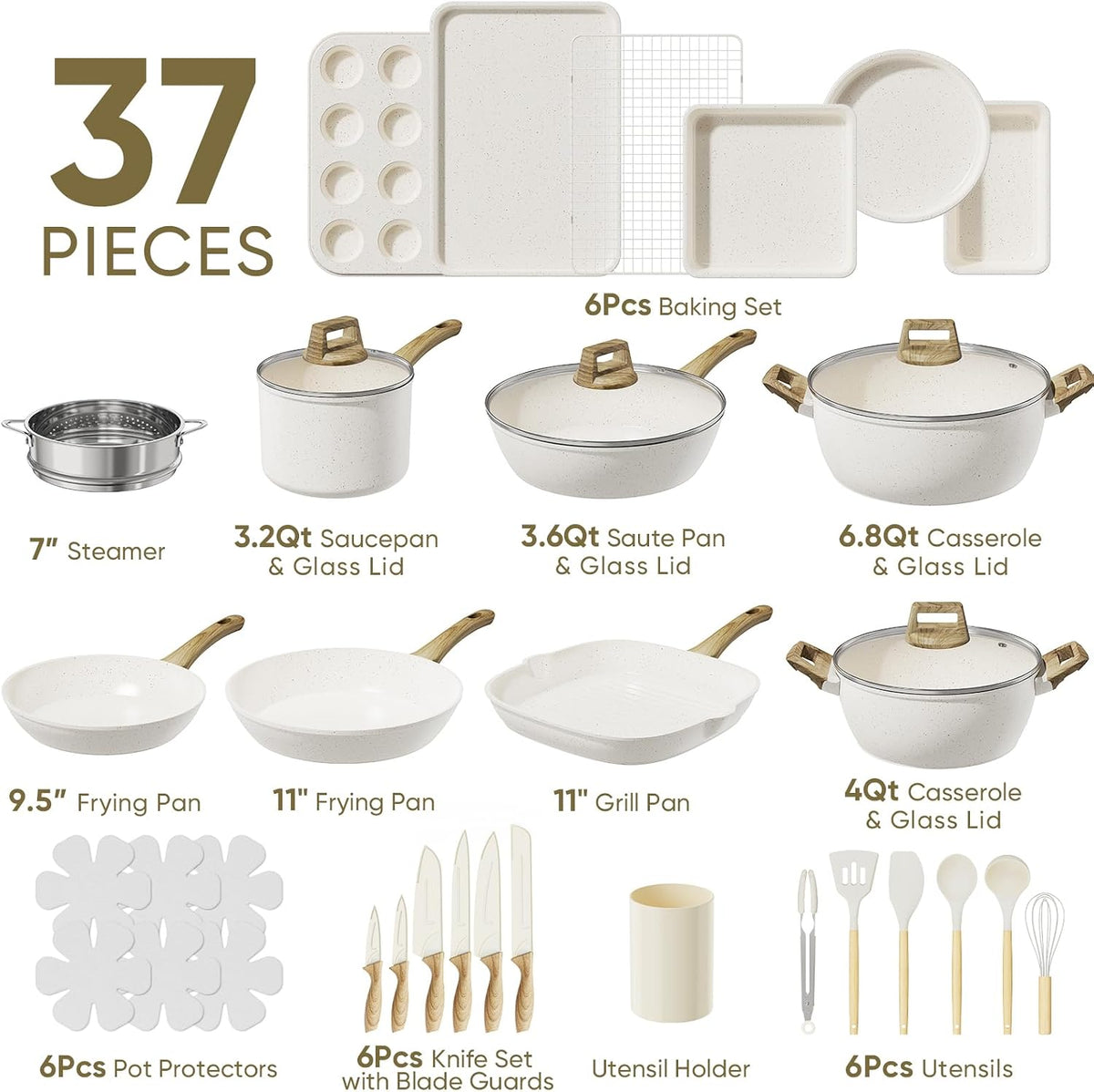 37Pcs Pots and Pans Set Non Stick,Ceramic Cookware Set with Bakeware