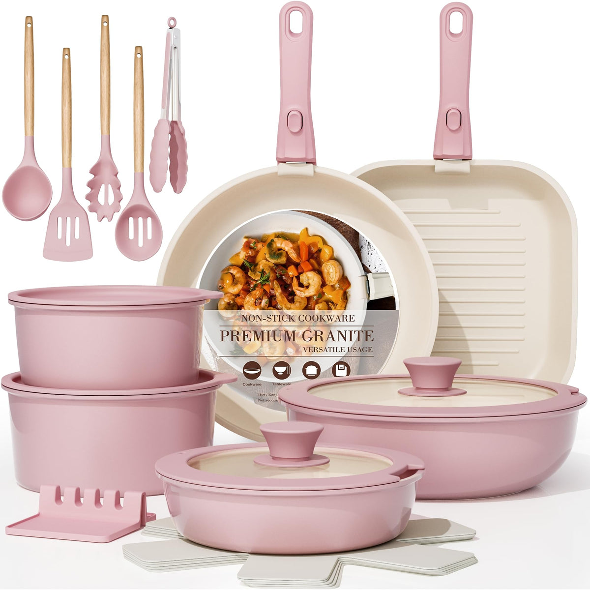 Astercook 23 Pcs Pots and Pans Set Non Stick, Ceramic Cookware Set Detachable Handle, RV Kitchen Cooking Set Removable Handles, Oven Safe, Induction Ready, Stackable, Pink, Mothers Day Gifts