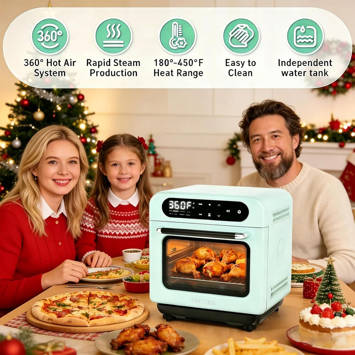 Secura 13-Quart Steam Air Fryer Oven, 10-in-1 Multifunction Convection Toaster Oven with Rapid Steam, Bake, Dehydrate, Ferment, Healthy Nutritious Food Steamer, Compact Countertop Oven, Mint Green