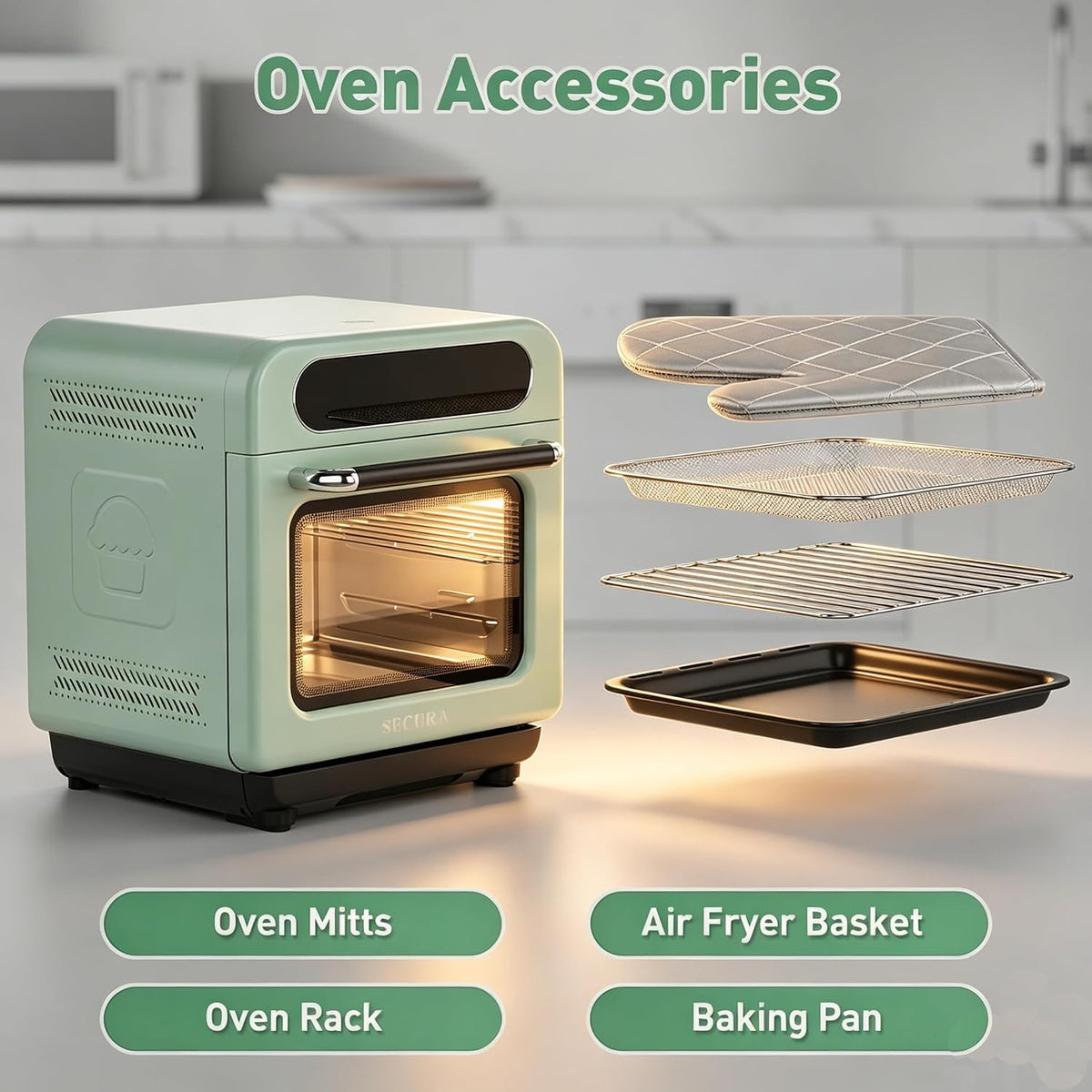 Secura 13-Quart Steam Air Fryer Oven, 10-in-1 Multifunction Convection Toaster Oven with Rapid Steam, Bake, Dehydrate, Ferment, Healthy Nutritious Food Steamer, Compact Countertop Oven, Mint Green