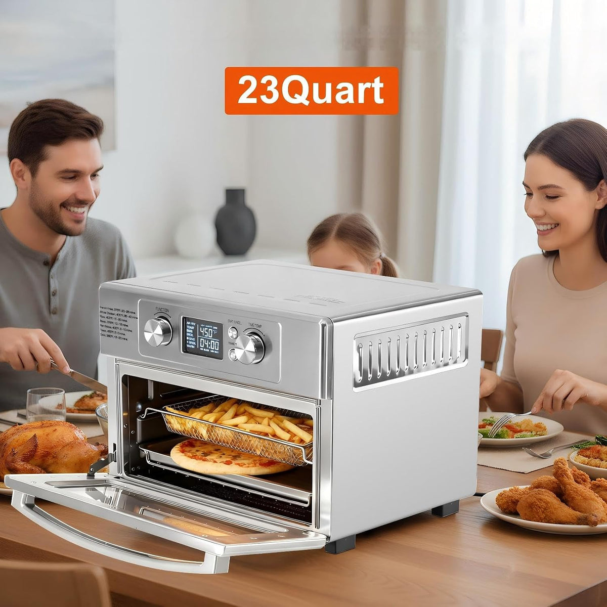 DUMOS Air Fryer Toaster Oven Combo, 23QT Toaster Ovens Countertop, 180–450°F Adjustable Temp, 60-Min Auto-Off Timer, 4-in-1 Air Fry, Toast, Broil & Bake, Stainless Steel, Accessories Included