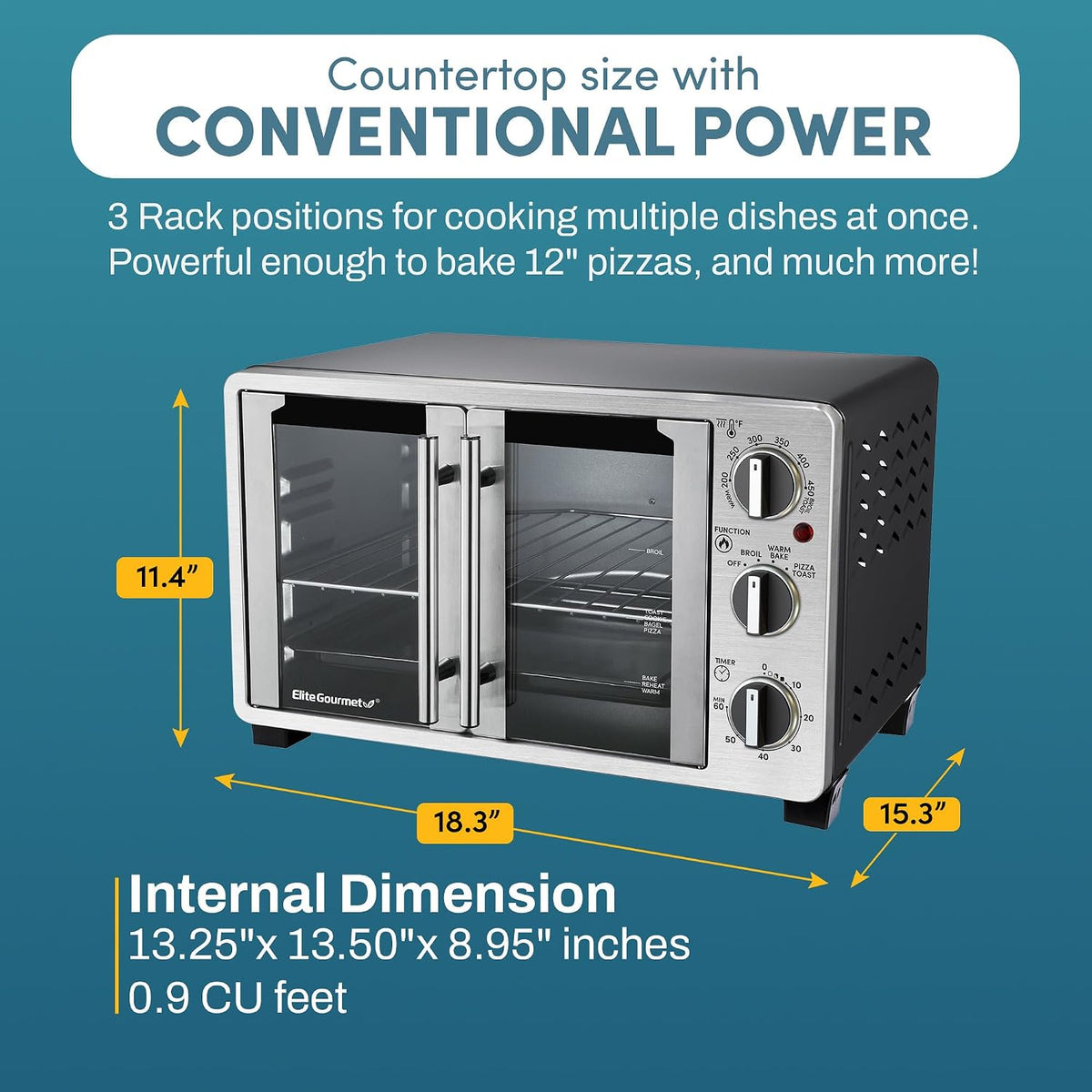 Elite Gourmet ETO2530M Double French Door Oven, 25L, 12" Pizza, SS/Black