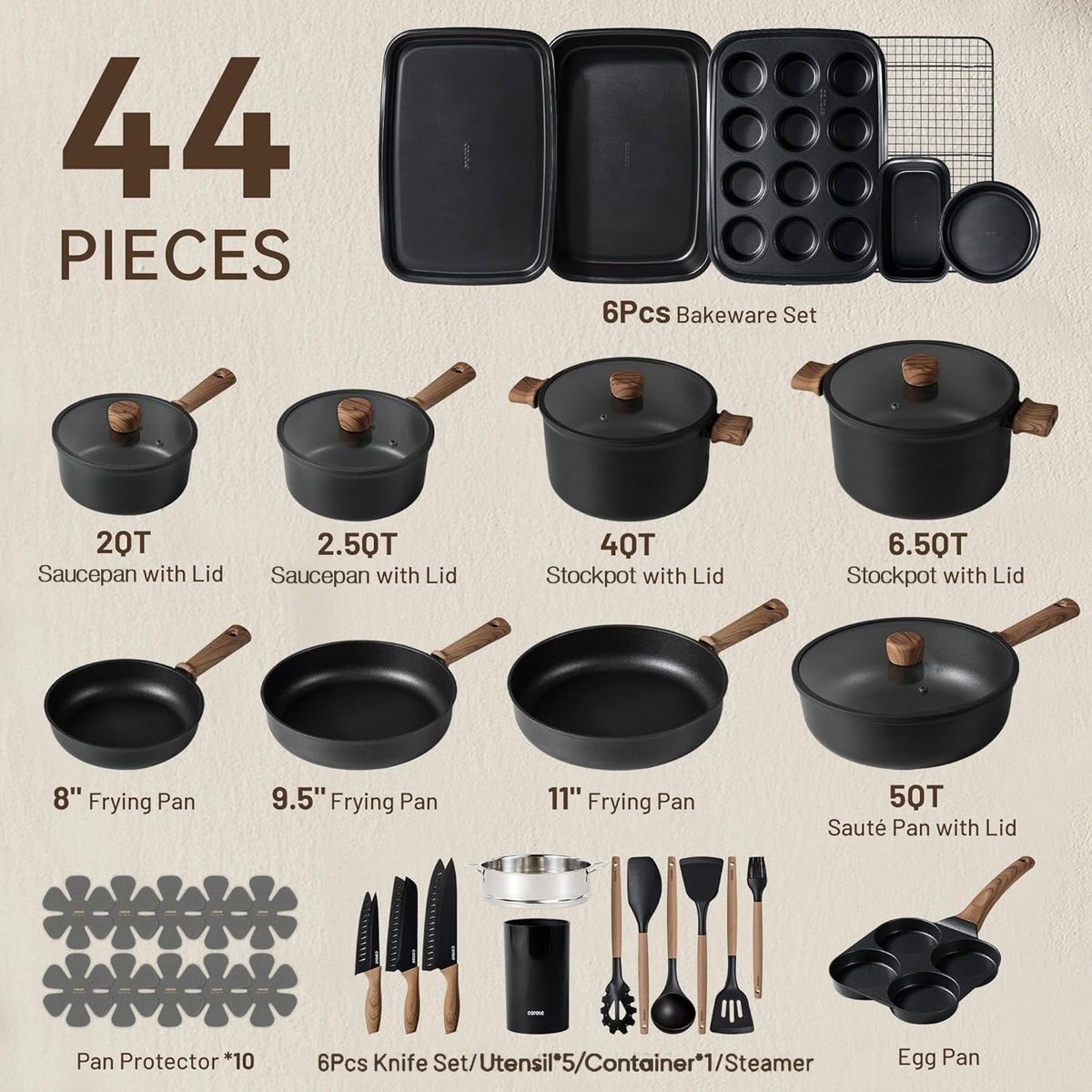 CAROTE 44pcs Pots and Pans, Nonstick Cookware Set with Bakeware