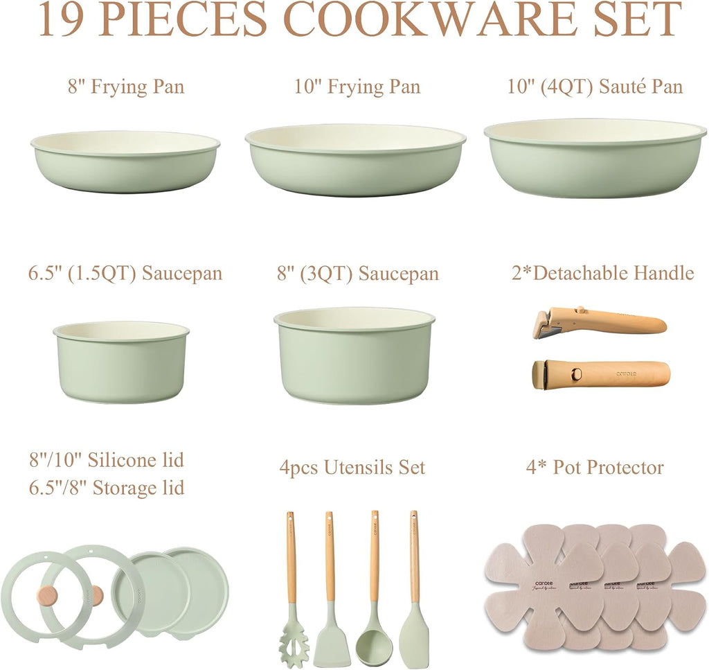 CAROTE 19pcs Pots and Pans Set Non Stick, Detachable Handle Cookware, Green