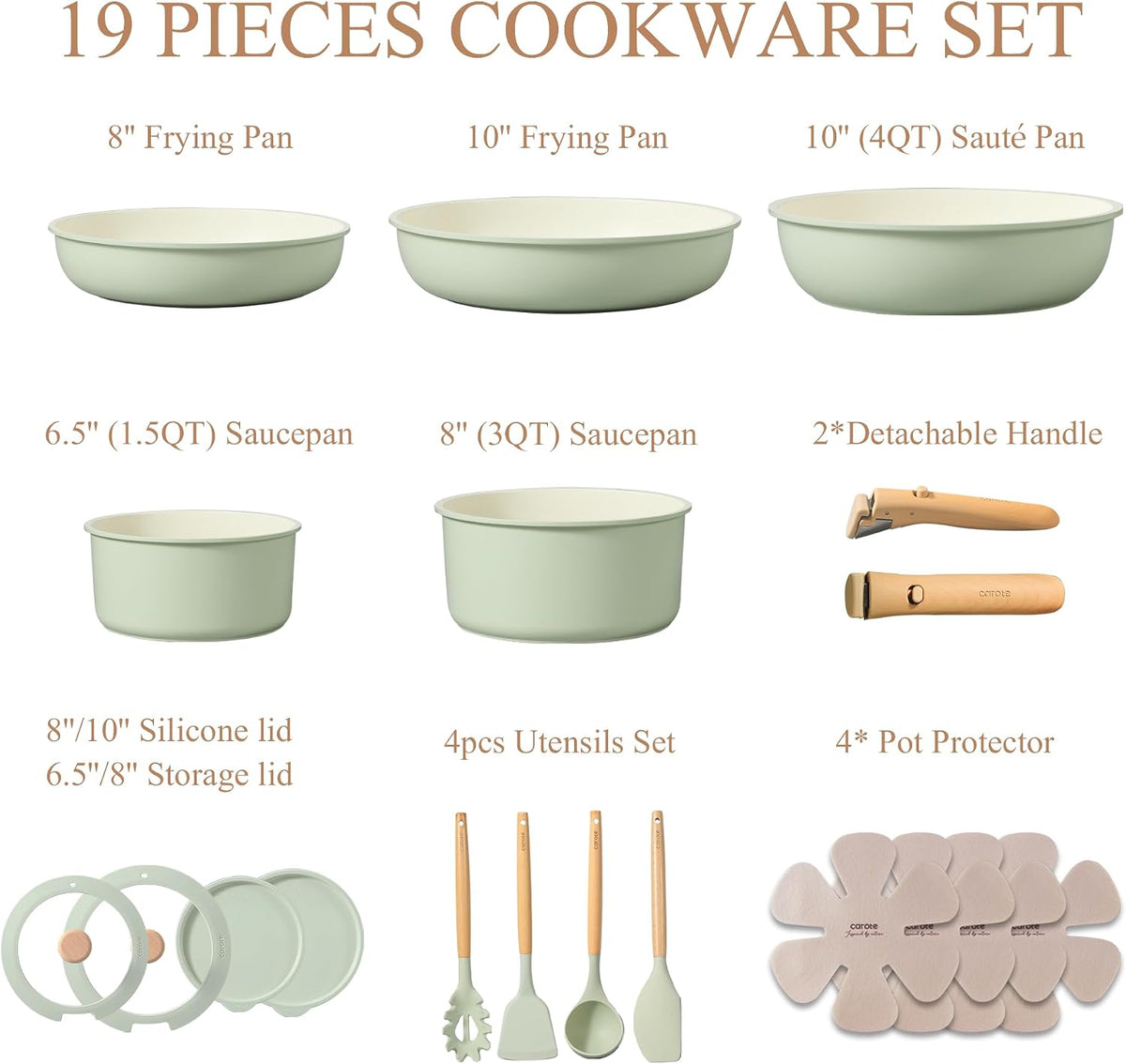 CAROTE 19pcs Pots and Pans Set Non Stick, Detachable Handle Cookware, Green