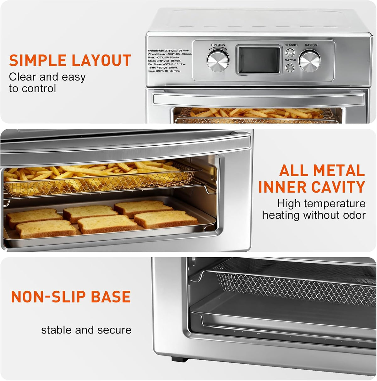 DUMOS Air Fryer Toaster Oven Combo, 23QT Toaster Ovens Countertop, 180–450°F Adjustable Temp, 60-Min Auto-Off Timer, 4-in-1 Air Fry, Toast, Broil & Bake, Stainless Steel, Accessories Included