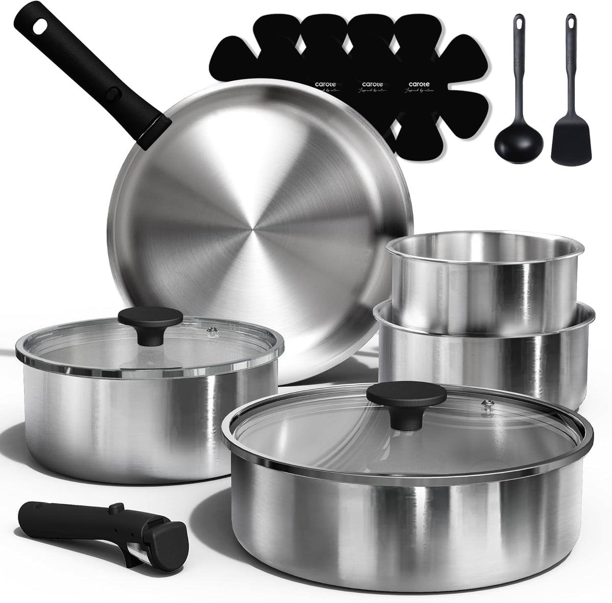 CAROTE 19pcs Tri-Ply Stainless Steel Cookware Set with Detachable Handle