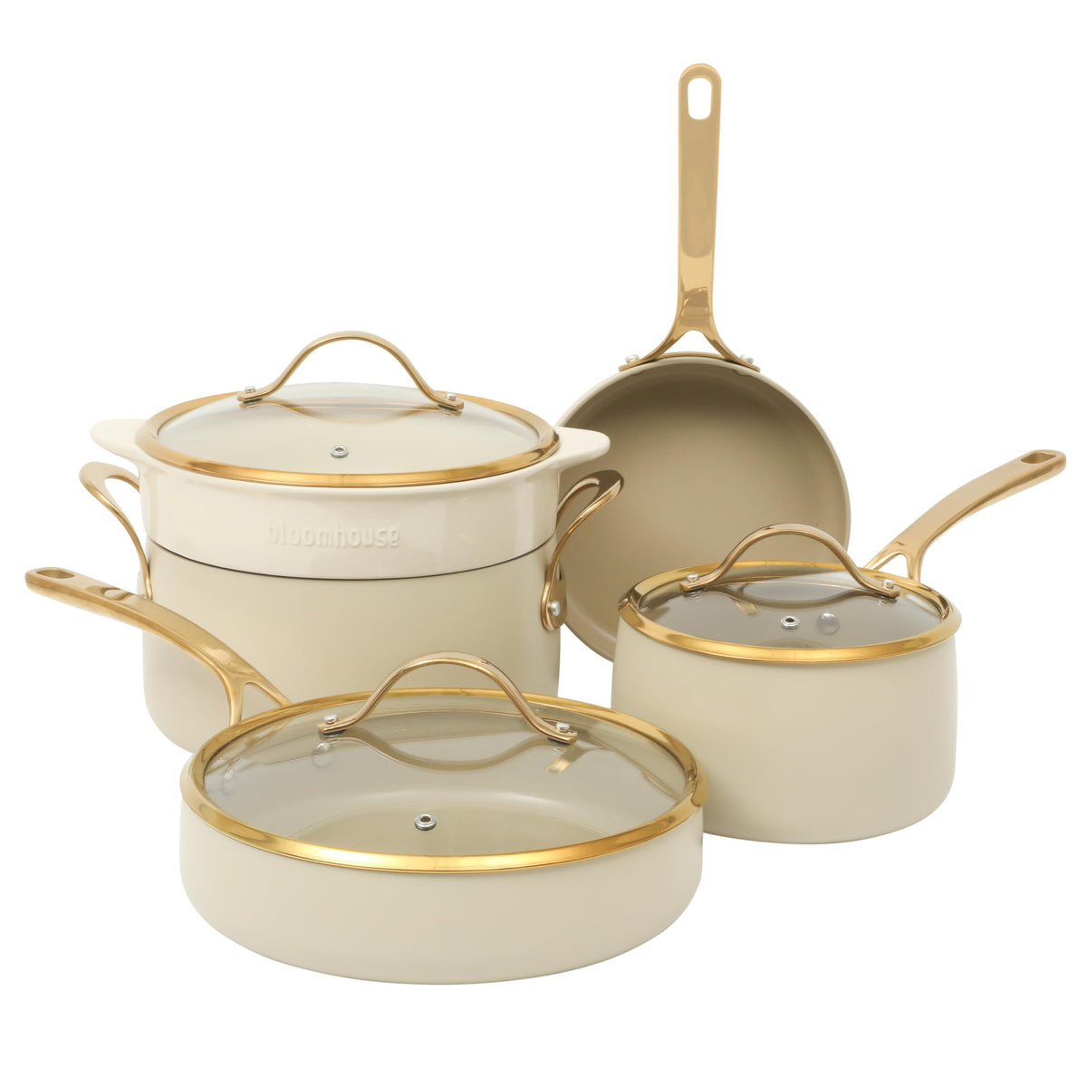 Bloomhouse 15-Piece Ceramic Nonstick Cookware Set, Two Time Oprah's Favorite Things, Heavy-Gauge Aluminum Pots and Pans Set, PFAS & PFOA & PTFE Free Ceramic Cookware, Oven Safe to 500°F, Almond Cream
