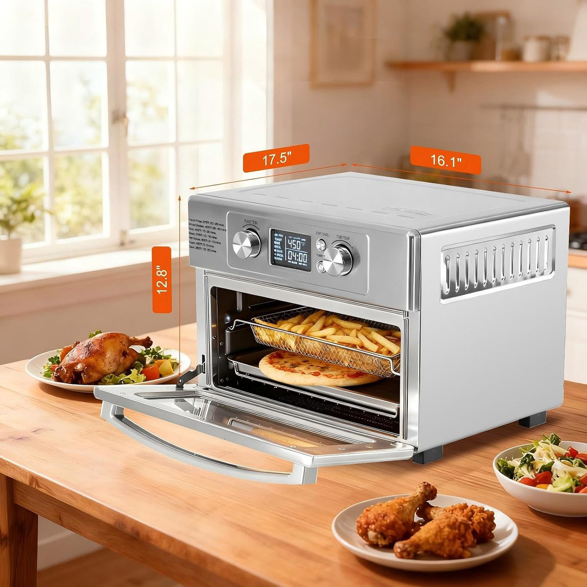 DUMOS Air Fryer Toaster Oven Combo, 23QT Toaster Ovens Countertop, 180–450°F Adjustable Temp, 60-Min Auto-Off Timer, 4-in-1 Air Fry, Toast, Broil & Bake, Stainless Steel, Accessories Included
