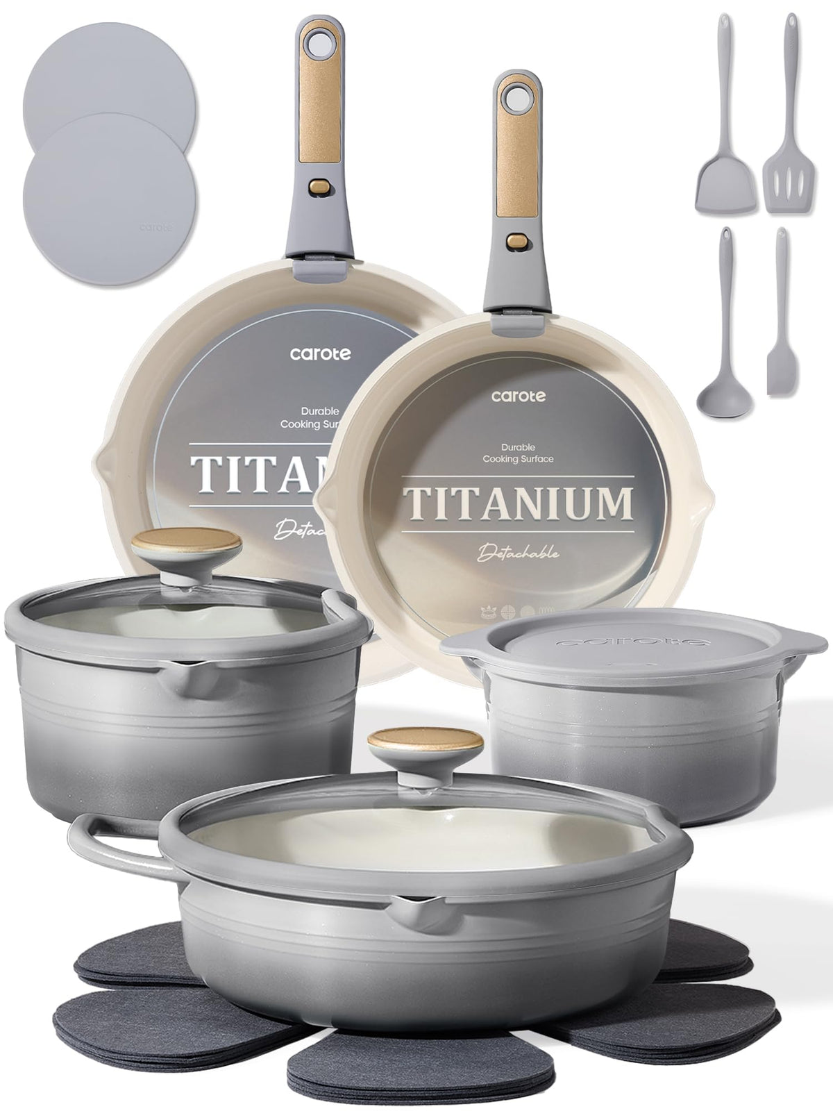 CAROTE 20pcs Titanium Cookware Set, Pots and Pans Set Detachable Handle