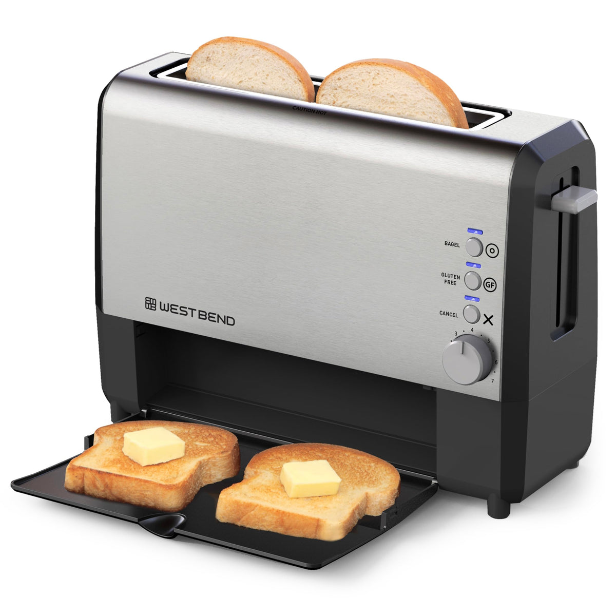 West Bend QuikServe Toaster, 2-Slice Wide-Slot Slide-Through Bread Toaster with Bagel and Gluten-Free Settings and Cool-Touch Exterior Fast Toasting, Includes Removable Serving Tray, 1400-Watts, Black