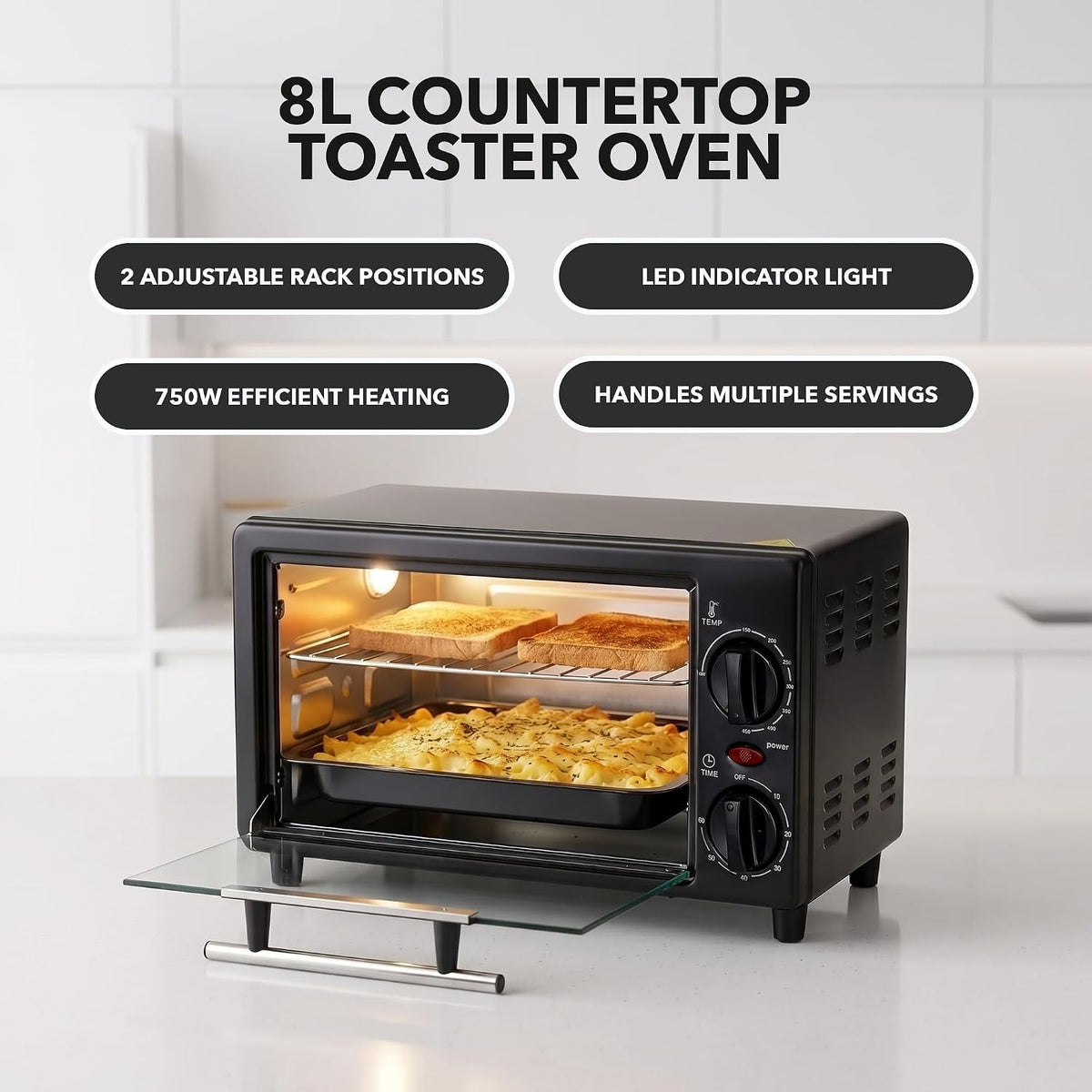 OVENTE 8L Toaster Oven, Adjustable Temperature, 60-Min Timer, Black TO2808B