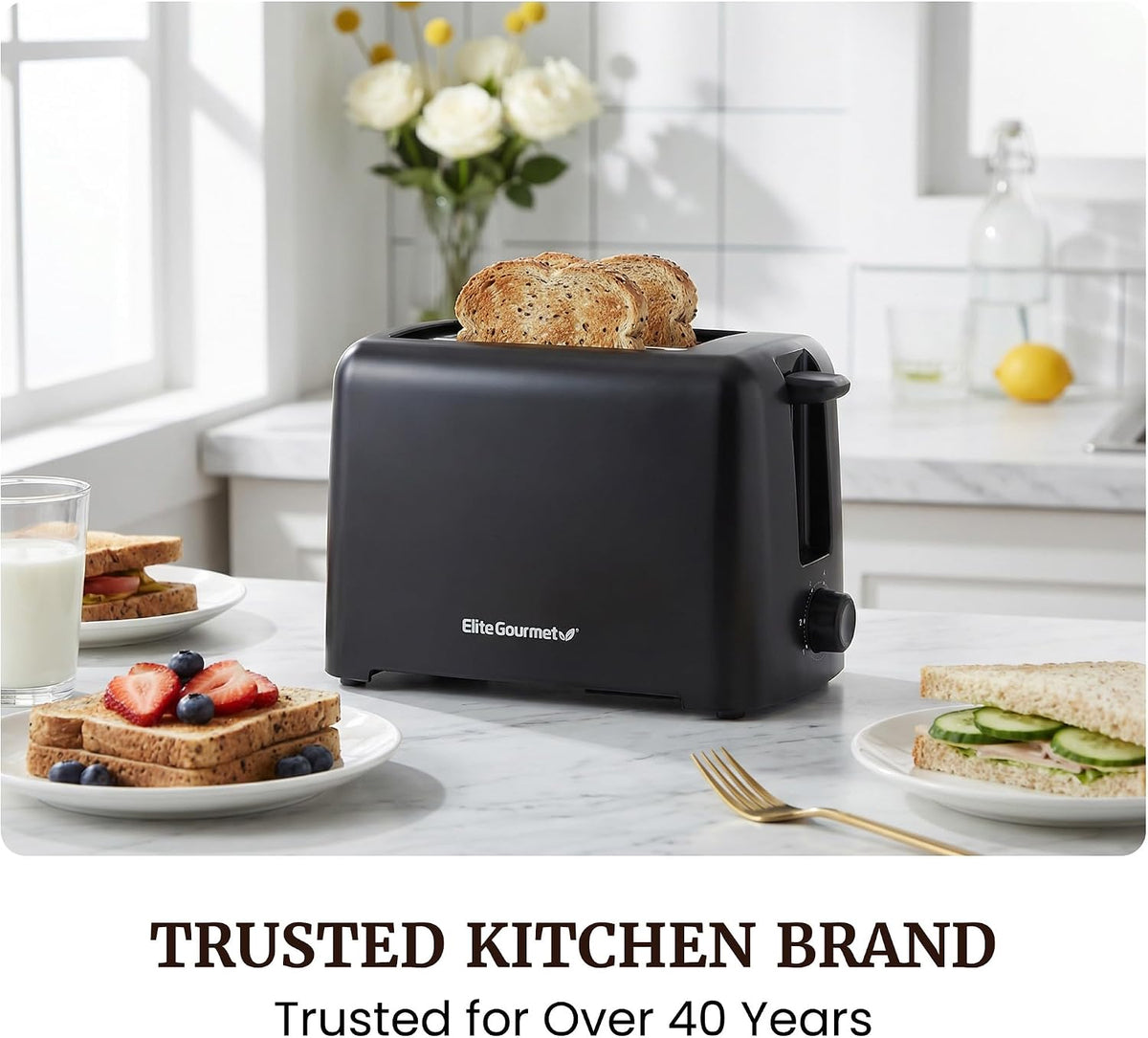 Elite Gourmet 2-Slice Cool-Touch Toaster, 1.25" Extra-Wide Slots, 6 Shades
