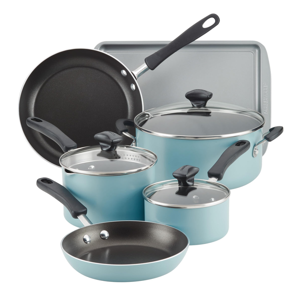 Farberware Cookstart Aluminum DiamondMax Nonstick Cookware Set, Kitchen Essentials, 15-Piece, Aqua
