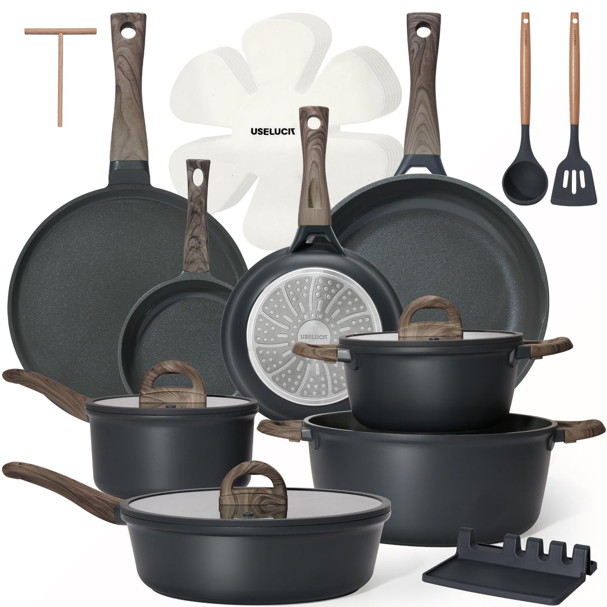 USELUCK 22-Piece Ceramic Cookware Set with Utensils, Pots and Pans Set