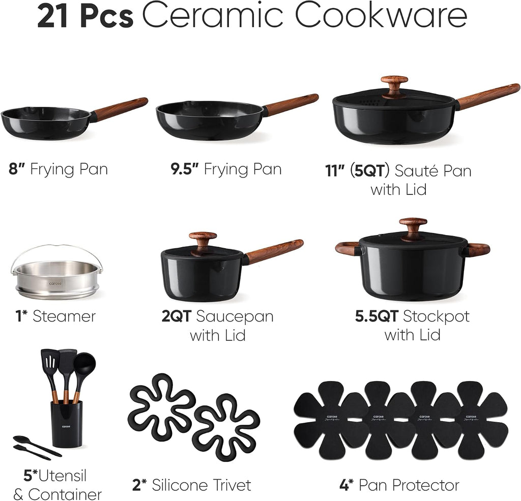 CAROTE 21pcs Ceramic Cookware Set, Pots and Pans Set