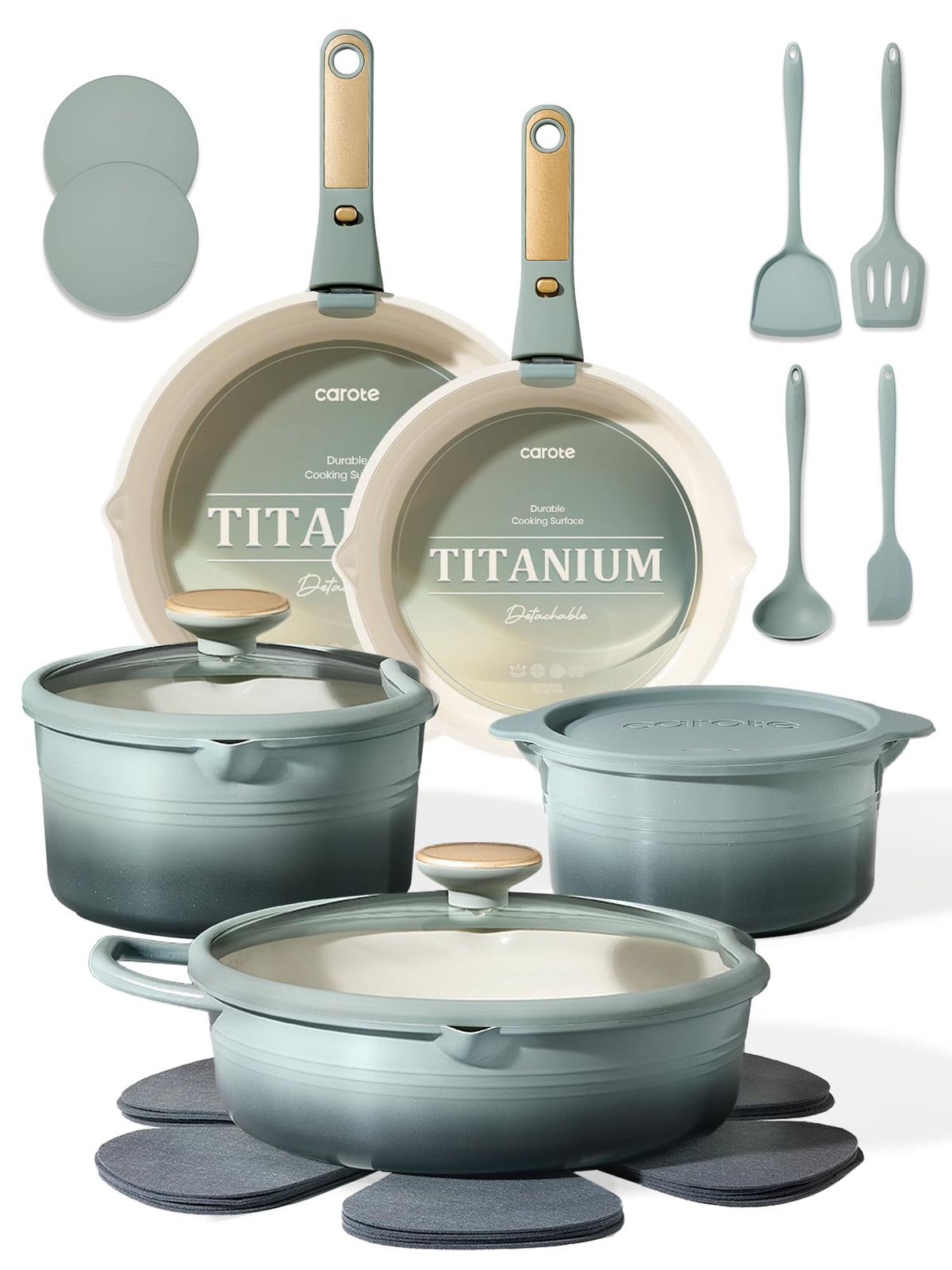 CAROTE 20pcs Titanium Cookware Set, Pots and Pans Set Detachable Handle