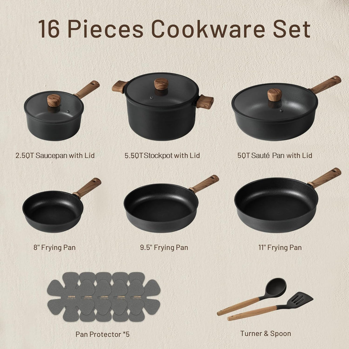 CAROTE 16pcs Pots and Pans Set, Nonstick Cookware Sets