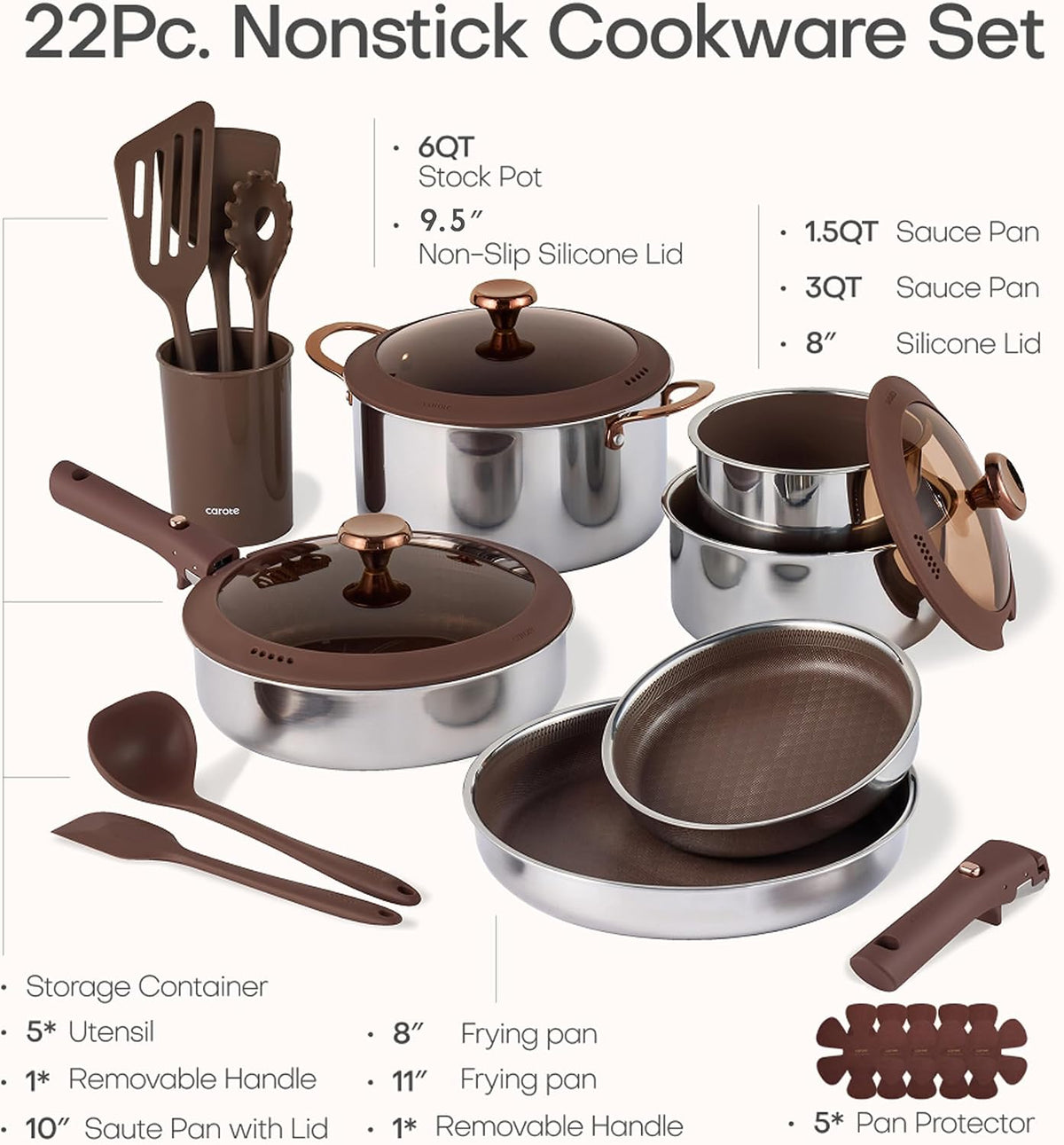 CAROTE 22pcs Hybrid Nonstick Pots and Pans Set, Stainless Steel Cookware Set with Honeycomb Titanium Interior, Induction Safe, Oven Safe, Brown (PFOS, PFOA Free)