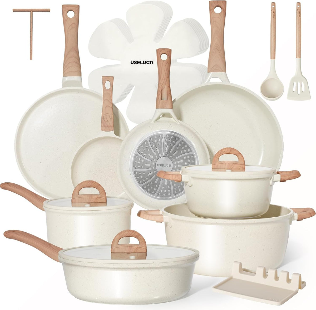 USELUCK 22-Piece Ceramic Cookware Set with Utensils, Pots and Pans Set