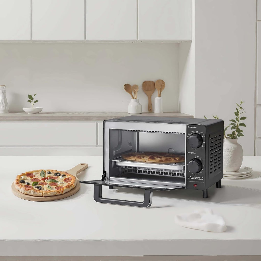 4 Slice Countertop Toaster Oven With 3 Cooking Settings, Black, Includes Baking Rack And Pan, 1050 Watts Quartz Heating Elements