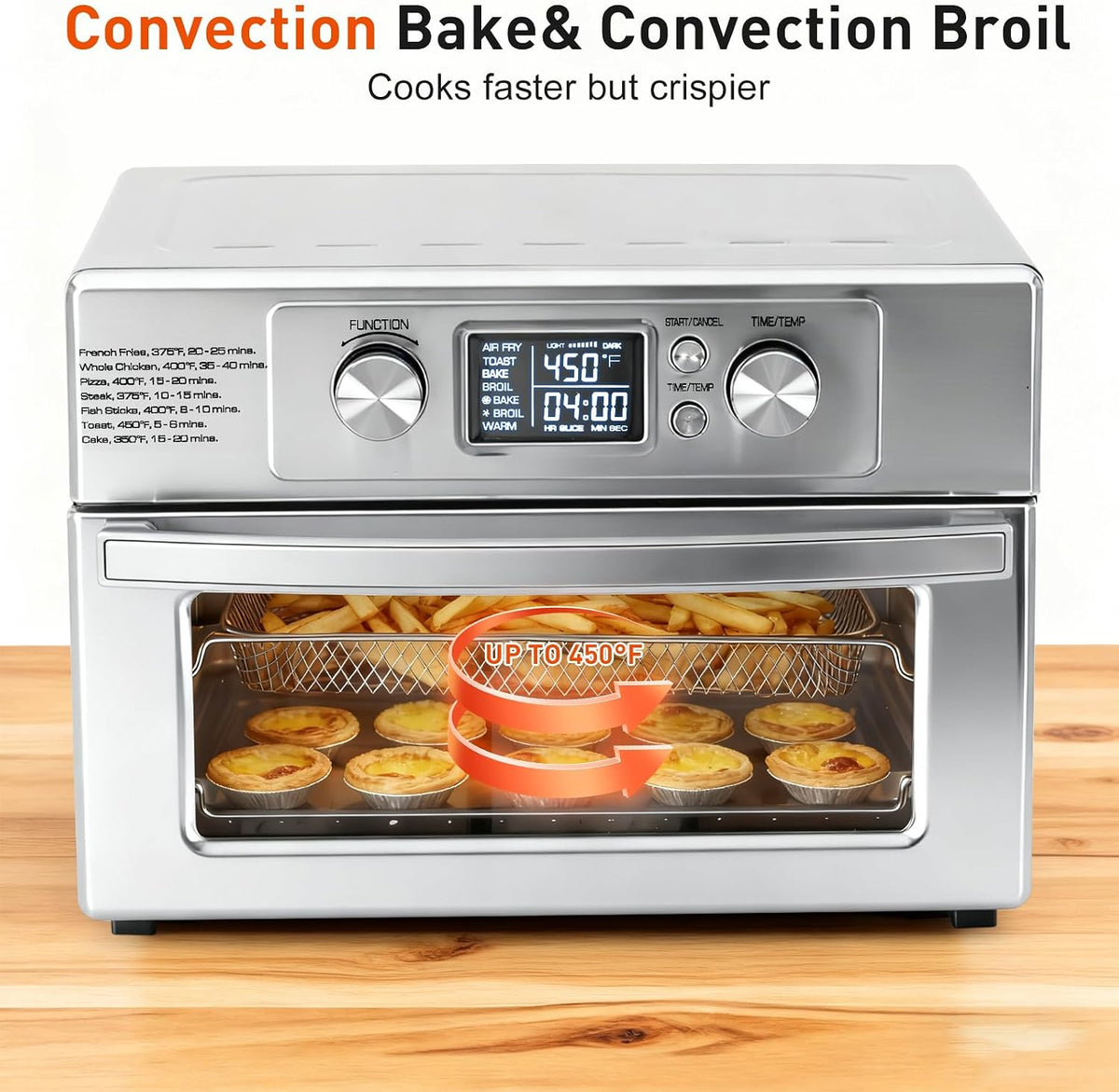DUMOS Air Fryer Toaster Oven Combo, 23QT Toaster Ovens Countertop, 180–450°F Adjustable Temp, 60-Min Auto-Off Timer, 4-in-1 Air Fry, Toast, Broil & Bake, Stainless Steel, Accessories Included