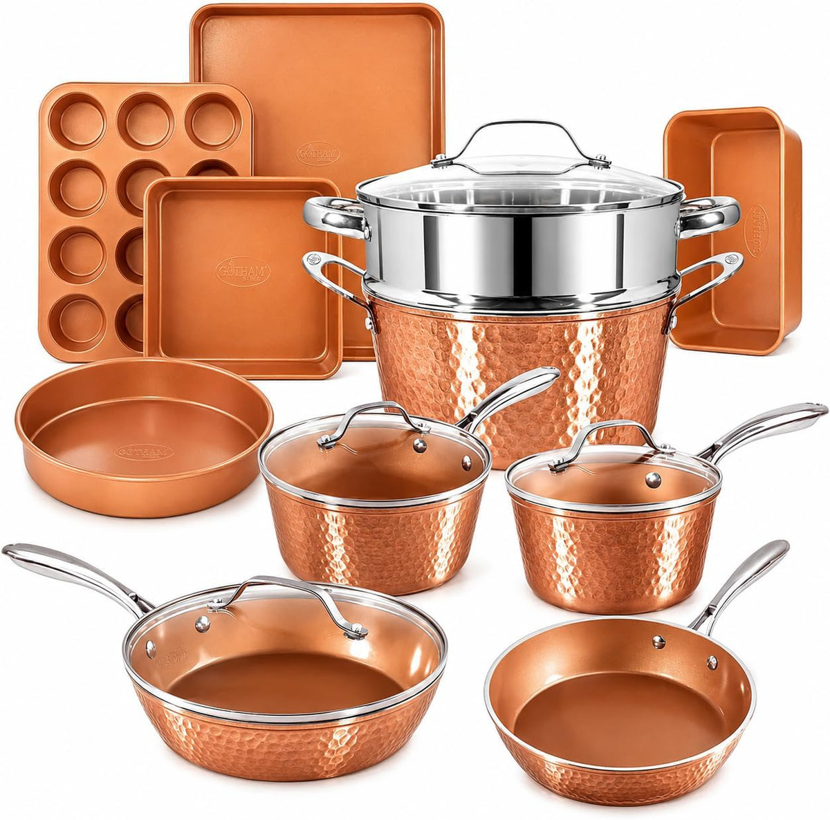 Gotham Steel Hammered 15Pc Pots and Pans Set Non Stick Ceramic Cookware Set
