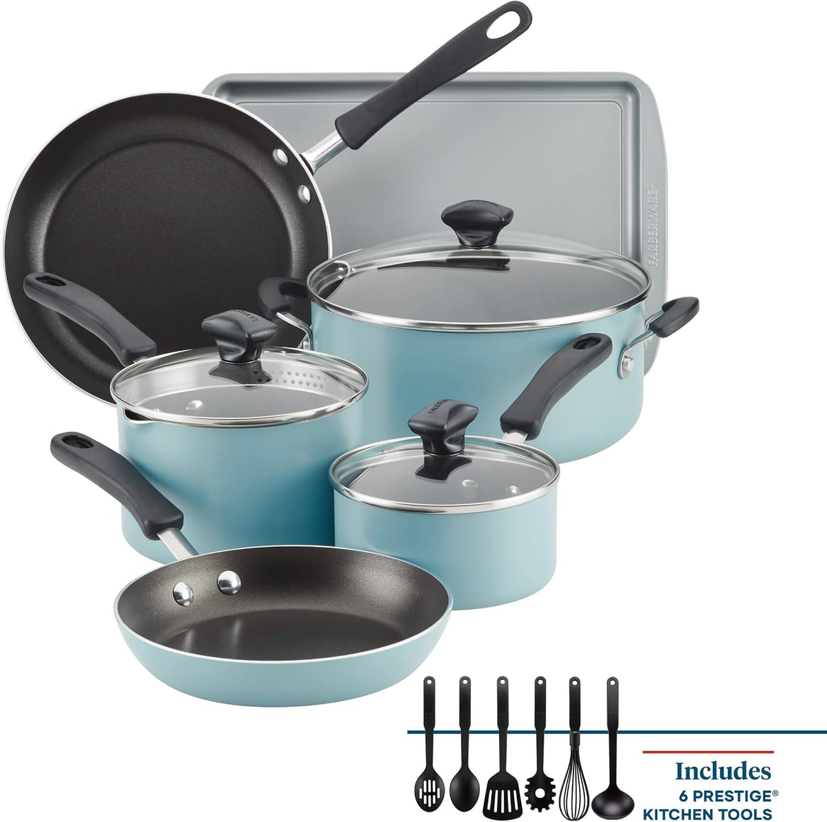 Farberware Cookstart Aluminum DiamondMax Nonstick Cookware Set, Kitchen Essentials, 15-Piece, Aqua