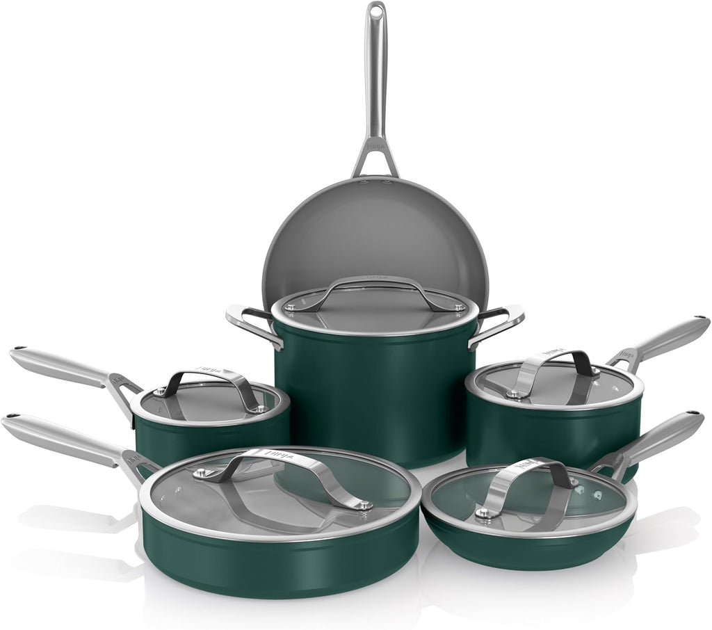 Ninja Ceramic Pro 11Piece Cookware Set, NonStick Pots & Pans Set with Glass Lids, Nontoxic, PTFE Free, Ceramic Coated, Oven Safe, All Stovetops & Induction Compatible, British Racing Green, CW39011GN