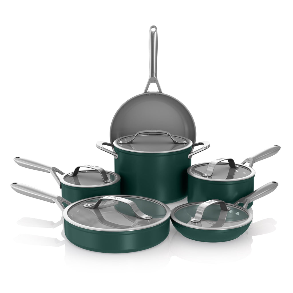 Ninja Ceramic Pro 11Piece Cookware Set, NonStick Pots & Pans Set with Glass Lids, Nontoxic, PTFE Free, Ceramic Coated, Oven Safe, All Stovetops & Induction Compatible, British Racing Green, CW39011GN