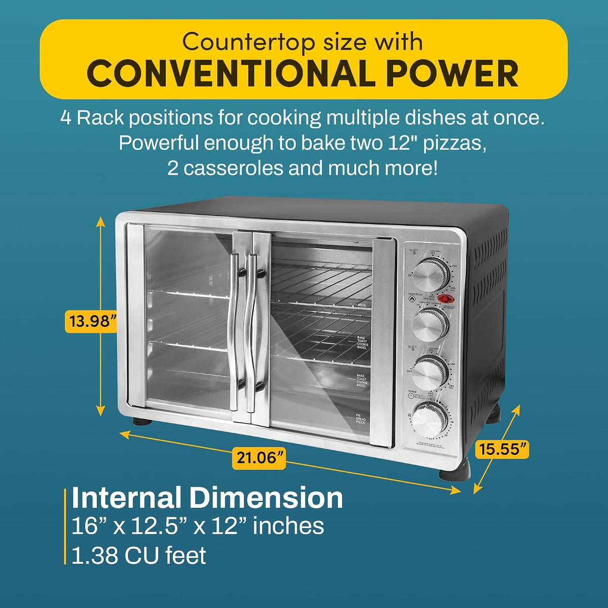 Elite Gourmet ETO4510MX French Door Convection Oven 47.5Qt, Stainless Steel