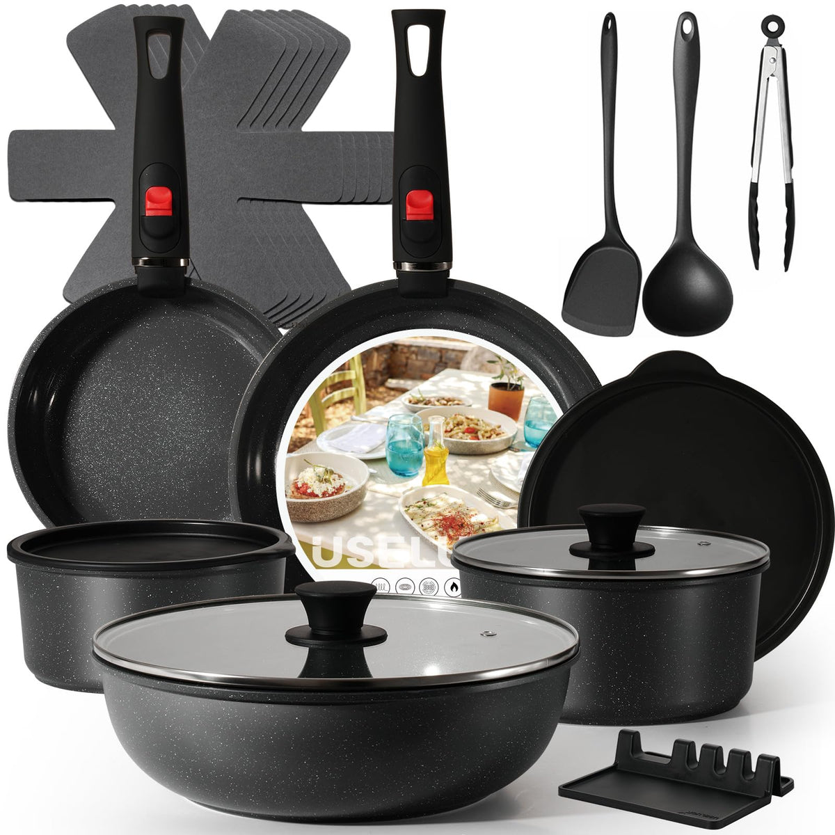 USELUCK 22-Piece Ceramic Cookware Set with Utensils, Pots and Pans Set