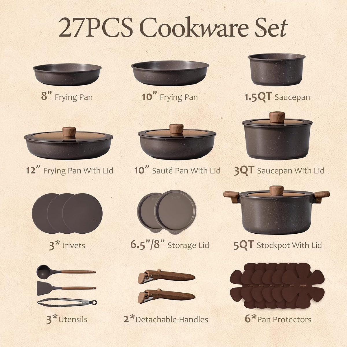 CAROTE 27pcs Pots and Pans Set Non Stick, Detachable Handle Cookware